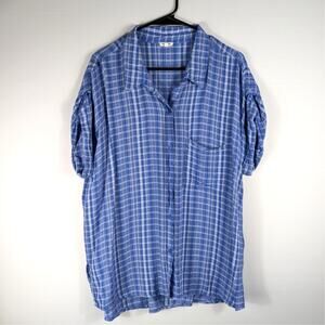 En Creme Womens XL Blue Plaid Button Front Top Gauze Cotton Lightweight Casual